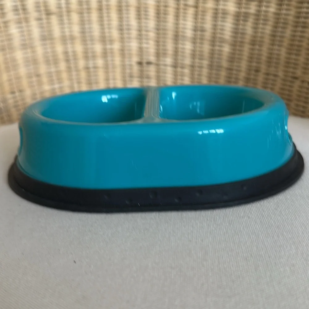 Divided Double Dish Teal Plastic Food Bowl For Small Dog Or Cat